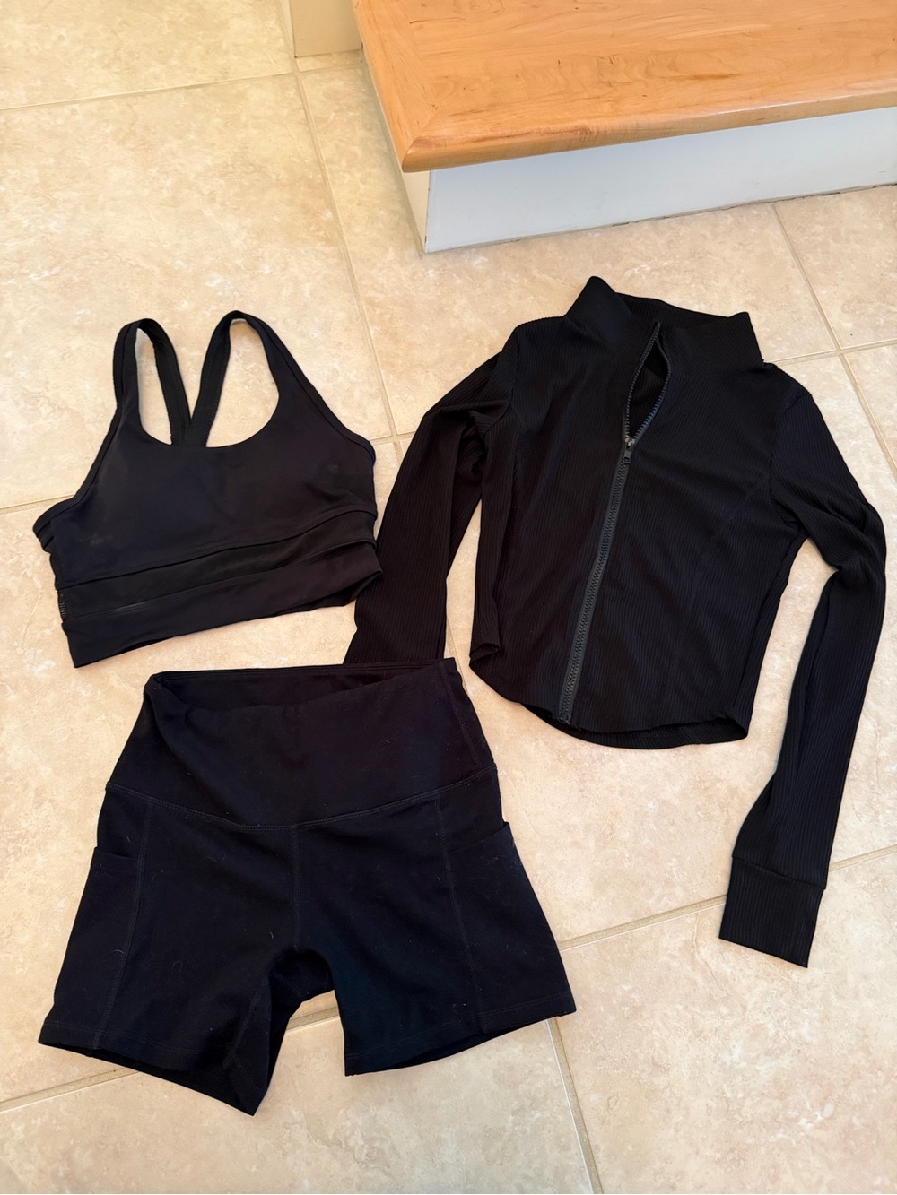 Amazon Women's Black Cropped Zip Jacket, Sports Bra & High-Waist Shorts Set